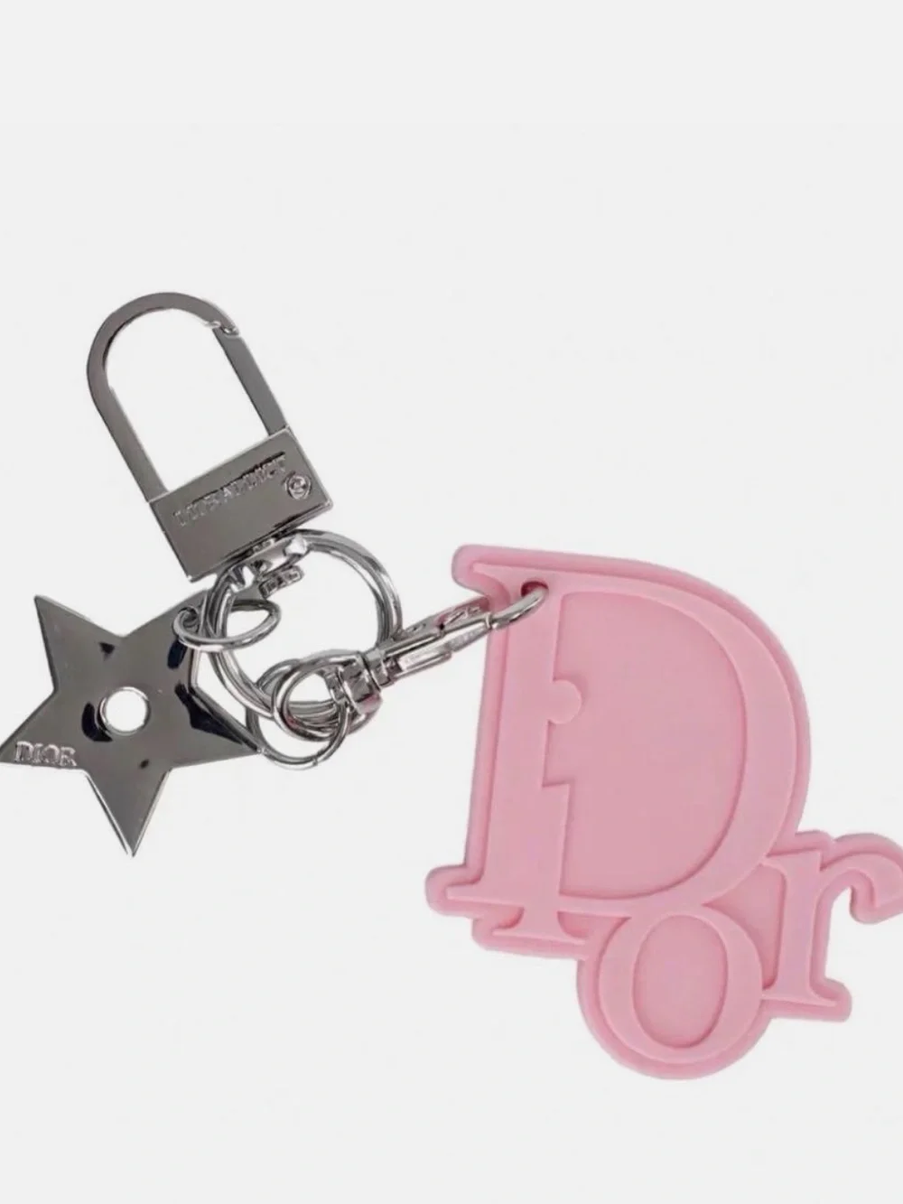 Dior Pink Logo Charm Keyring with Silver Star Accent